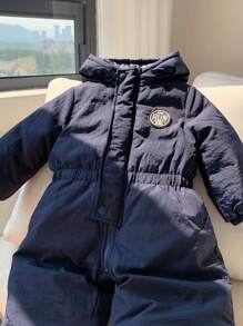 SHEIN 新生儿男/女宝宝可爱保暖字母印花加厚连帽连体衣套装，适合秋冬季户外活动、滑雪 - 彩色 - 查看 5