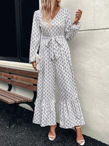 SHEIN LUNE 1pc All-Over Print Wide-Leg Jumpsuit, Autumn