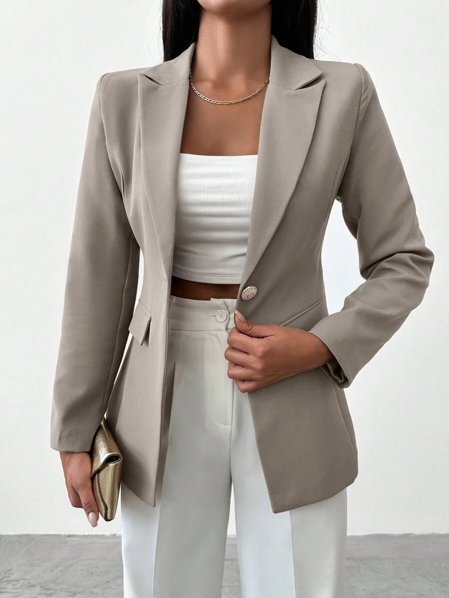 EURMUSE Women's Solid Color Single-Button Elegant Long Sleeve Blazer - Light Grey - View 1