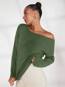 SHEIN BASICS 女士纯色不对称领休闲长袖套头毛衣 - 軍綠色 - 查看 5