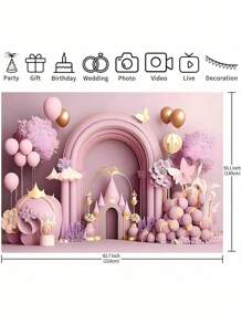 1 pieza Pancarta de decoración de fondo de castillo rosa 210*150cm/150*100cm/100*75cm, pancarta de fondo de fiesta de castillo real con globo de flor para decoración de fiesta de cumpleaños, decoración del hogar de otoño, decoración del hogar de festival - Rosa - Ver 5