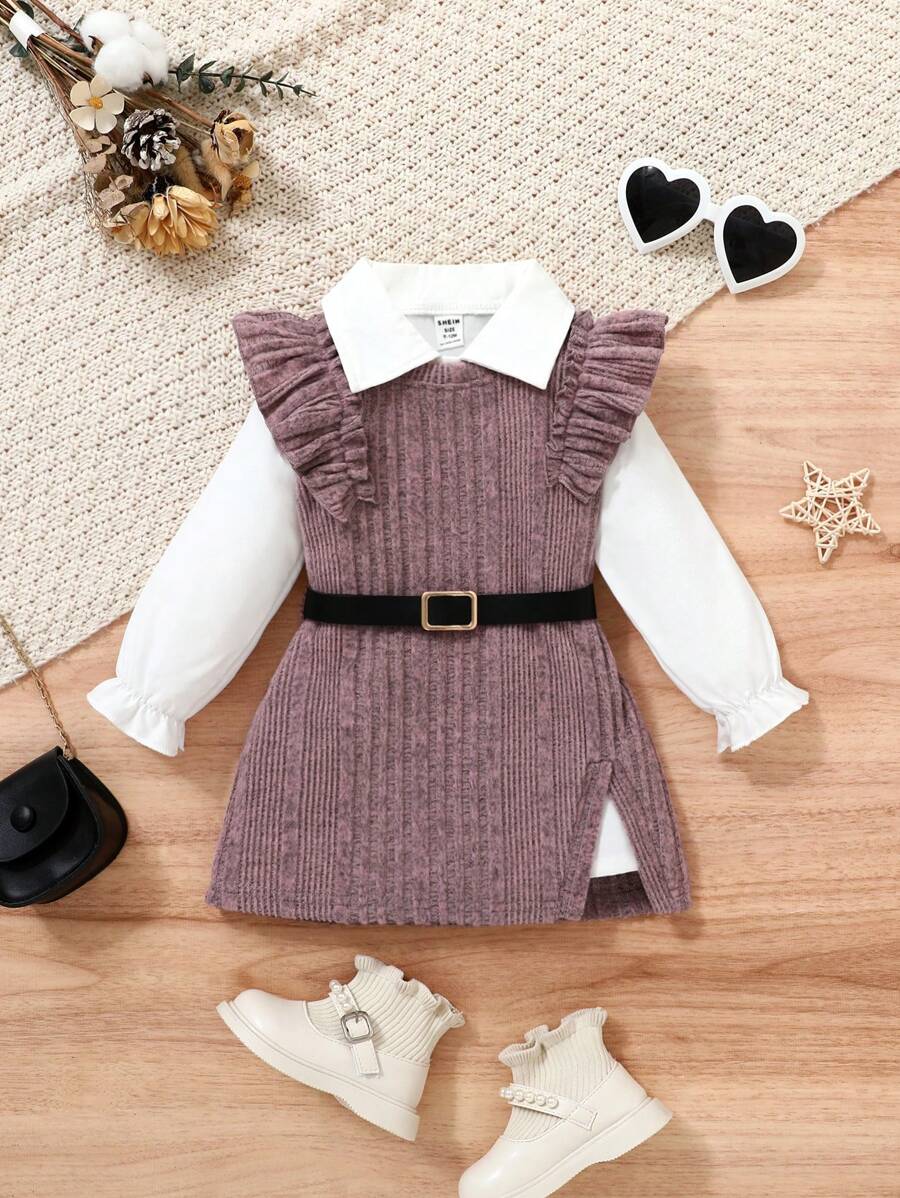 SHEIN 3pcs/Set Baby Girls' Casual Vintage Elegant Collar Top, Dress With Belt, Outfits