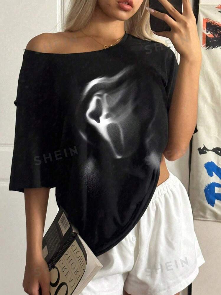 SHEIN EZwear Casual Simple Scream Face Print Dropped Shoulder Black Lightweight T Shirt For Women SHEIN UK
