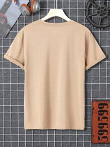 Manfinity Dauomo 男士休闲卡通及口号印花短袖 T 恤，夏季 - 杏色 - 查看 2