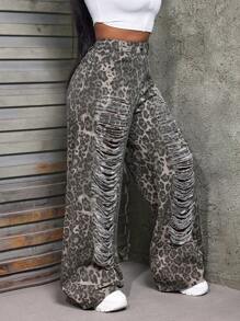 Slaydiva Women's Leopard Print Distressed Wide Leg Loose Casual Jeans - Multicolor - View 6