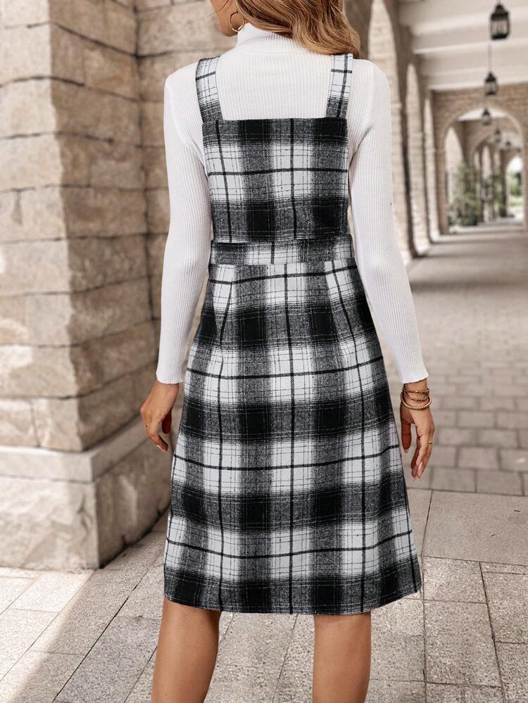 Vestido de peto de estilo casual con botones delanteros a cuadros, para otoño