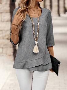 EMERY ROSE Women's Casual Round Neck Simplified Mid-Sleeve Shirt, Autumn And Summer - Multicolor - View 6