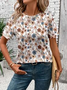 SHEIN LUNE 女式休闲复古花卉印花圆领短袖 T 恤，夏季 - 白色 - 查看 4