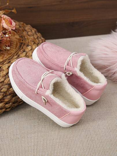 1 Pair Girls Thermal Lined Anti-Slip Flat Slip-On Casual Loafers, Warm For Autumn/Winter
