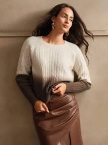 Anewsta Women's Casual Raglan Sleeve Contrast Color Crewneck Knitted Sweater, Autumn/Winter, Fall - Coffee Brown - View 3