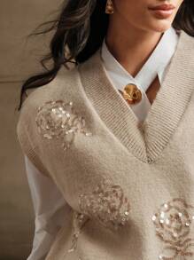 Anewsta Chaleco holgado de punto con cuello en V, con flores de rosas y perlas bordadas, para otoño e invierno