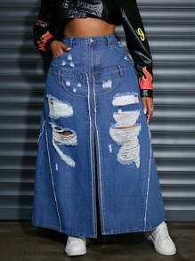 SHEIN EZwear Plus Size Women's Denim Mid-Length Skirt With Pockets And Ripped Hem - Blue - View 2