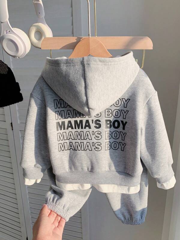 SHEIN 2 piezas/set suéter con capucha holgado para niños y niñas con estampado de letra de eslogan y pantalones casuales, adecuado para la escuela, el hogar y el exterior, gris y blanco, otoño e invierno