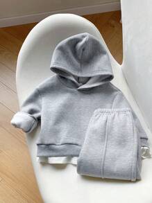 SHEIN 2 件套男婴和女婴宽松连帽衫，带标语字母印花和休闲裤，适合学校、家庭和户外，灰色和白色，秋冬季 - 灰色 - 查看 7