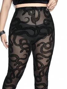 ROMWE Quần legging trong suốt họa tiết da rắn Gothic cỡ lớn - màu đen - Xem 6