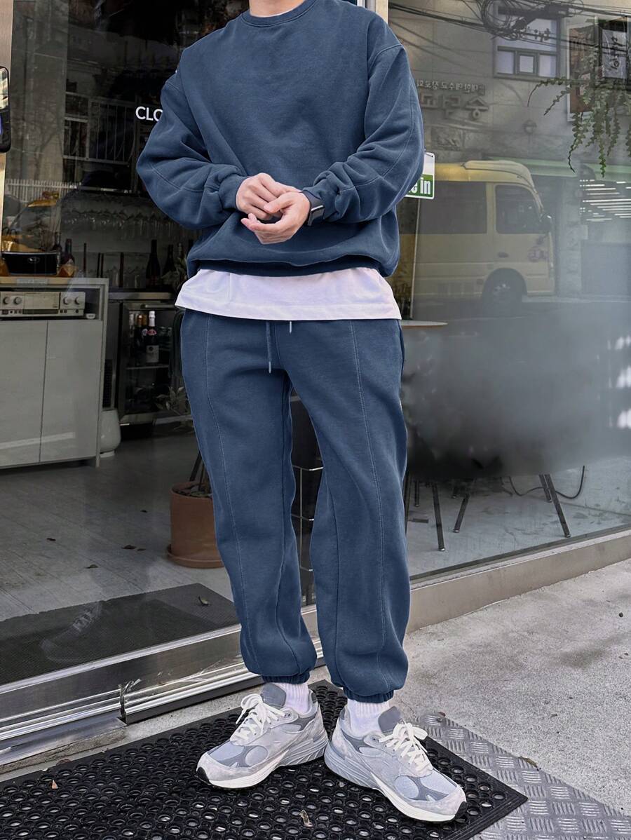 DAZY 男士纯色圆领运动衫和运动裤休闲套装，秋季 - 藍色 - 查看 1