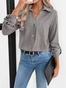 SHEIN LUNE Casual Comfortable Button-Front Long Sleeve Shirt With Pockets, Autumn - Brown - View 6