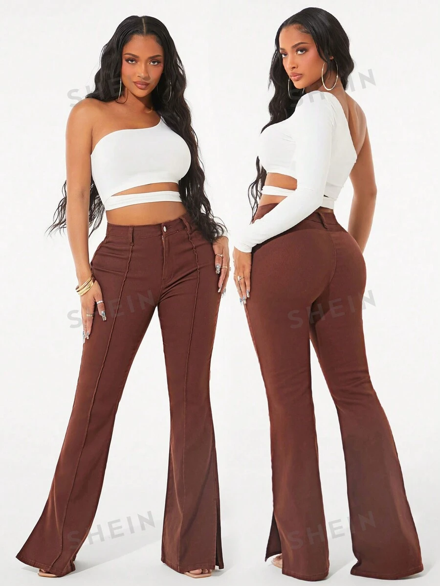 SHEIN SXY Jeans de pierna acampanada con botones, dobladillo dividido, unicolor