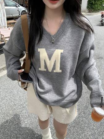 FRIFUL Women's Oversized V-Neck Long Sleeve Pullover Sweater With Uppercase Letter Print,Long Sleeve Tops,Fall Clothes
