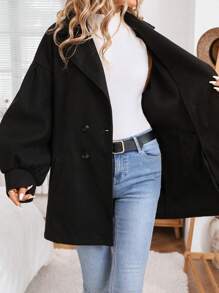 SHEIN LUNE Manteau à manches ballons à col croisé double noir pour femmes, automne/hiver - Noir - Voir 7