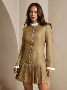 Anewsta 女士优雅格子拼接荷叶边短裙 - 卡其色 - 查看 7