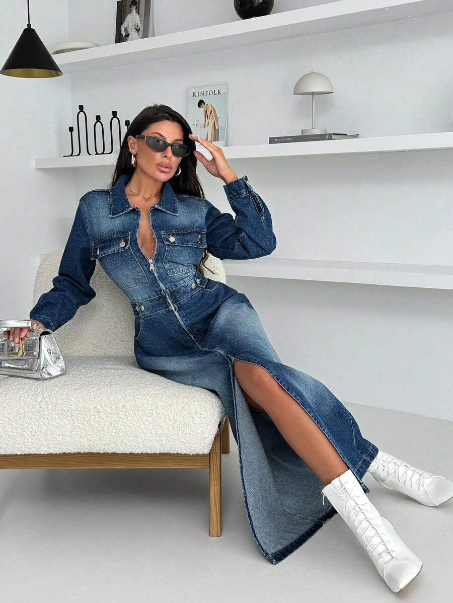 EURMUSE Elastic Belt Detailed Elegant Denim Dress - Medium Wash - View 1