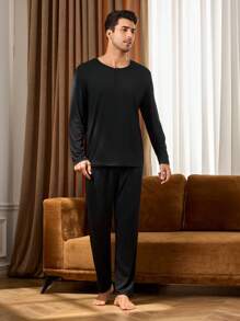 2pcs Men's Solid Color Crew Neck Long Sleeve Top And Pants Casual Pajamas Set, Fall Winter Clothes - Black - View 9
