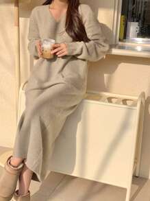 DAZY 女式 V 领纯色长款宽松休闲毛衣裙，秋季服装