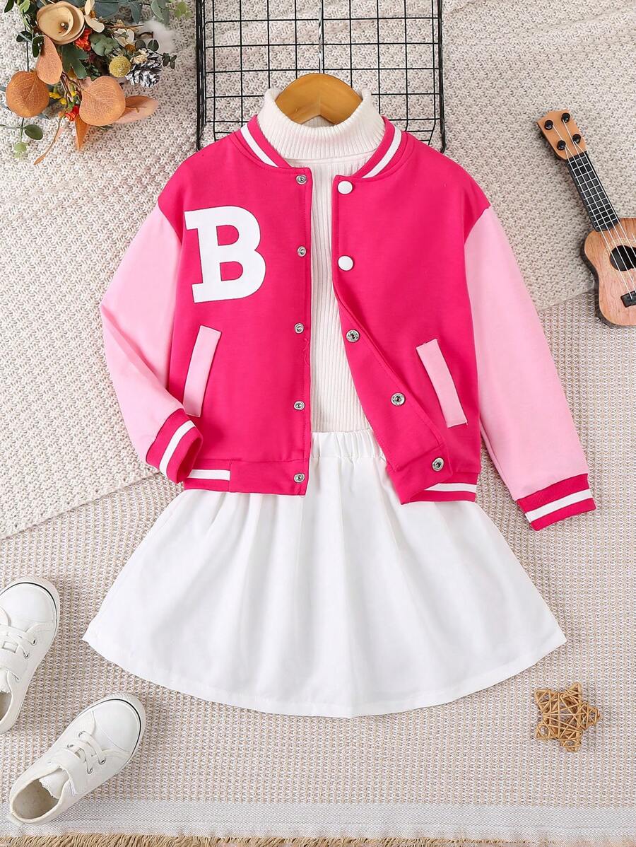 SHEIN Young Girl Spring/Autumn Letter Print Striped Long Sleeve Baseball Jacket And Mini Skirt Casual 2pcs Outfit - Hot Pink - View 1