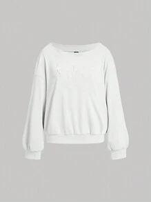 SHEIN MOD Sudadera de cuello redondo de manga larga con bordado de moño blanco, dulce y linda, casual diario, de vuelta a la escuela, cumpleaños