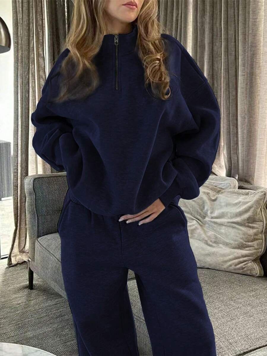 INAWLY Solva Women's Solid Color Zipper Half Placket Dropped Shoulder Long Sleeve Sweatshirt And Loose Casual Pants 2 Pieces Set, Autumn/Winter Fall Cloth For Women
