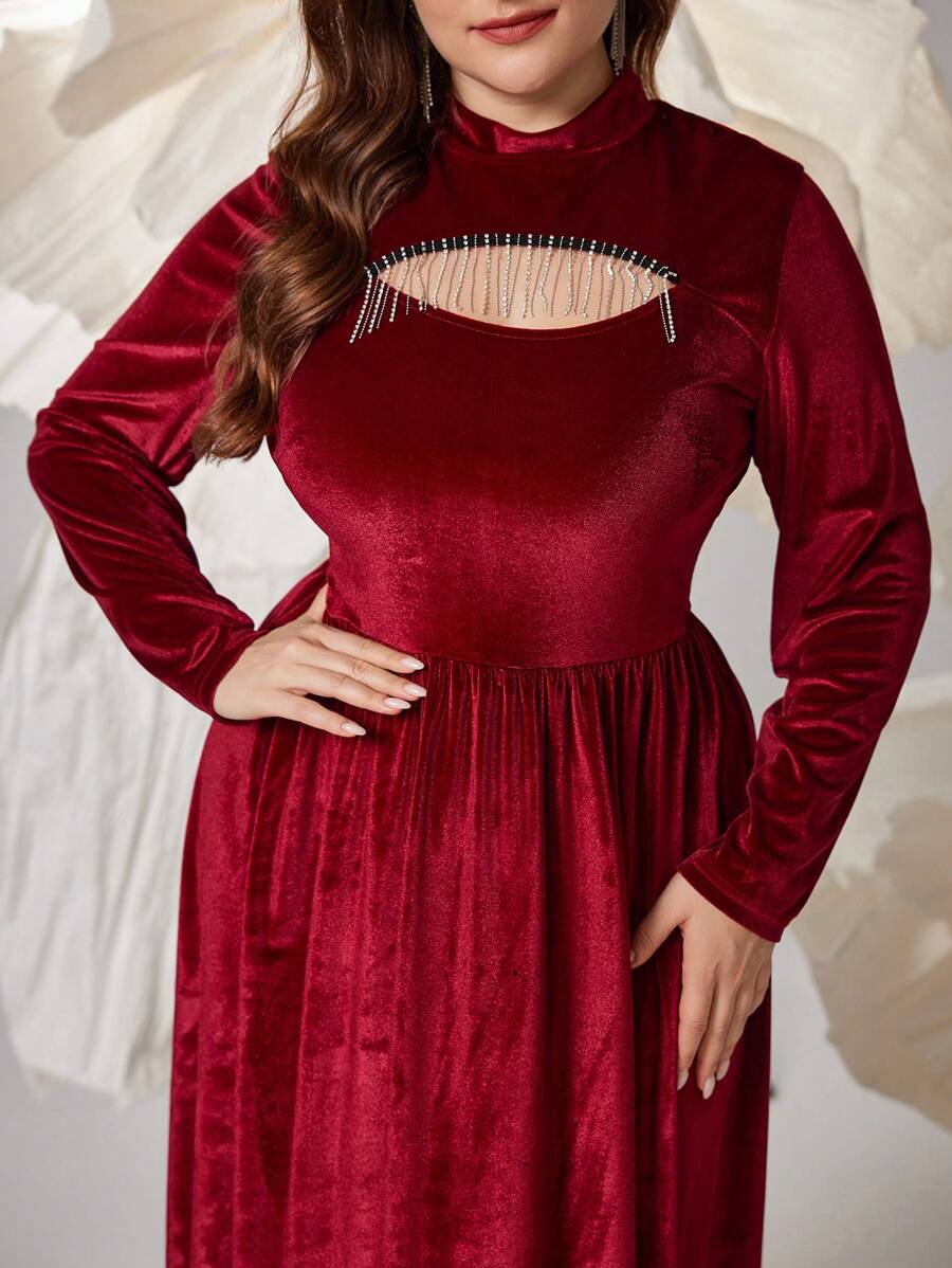 Modelyn Burgundy Red Plus Size Wine Red Velvet Cut Out Rhinestone Fringe Decor Midi Dress, Fall/Winter - Burgundy - View 1