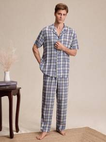 EverLounge 2pcs Men Plaid Lapel Button-Front Shirt And Loose Pants Pajama Set - Multicolor - View 5