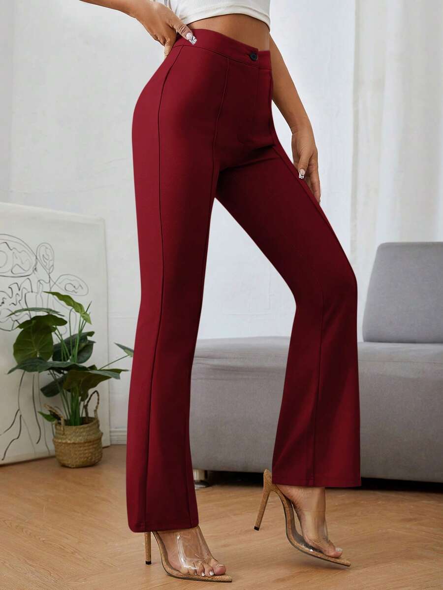 SHEIN PETITE Solid Color Women's Flared Pants ,Petite Women - Burgundy - View 1