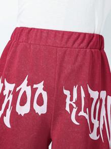 SHEIN Pantalones anchos de cintura elástica con estampado de letras versátil y de moda de punto para niña preadolescente - Rosa Fucsia - Ver 4