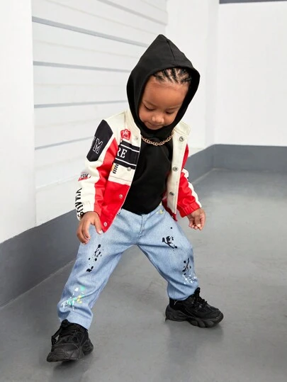 SHEIN Explorewe Stylish 2pcs Set For Baby Boys & Girls In Spring/Autumn: Red Laser Print Buttoned Jacket, Matched With Fake Denim Waistless Pants. Lightweight, Warm, Energetic Graphics Showcase Personalized Charm - Suitable For Outdoor Adventure, Casual Homewear, Active Sports, And Fashionable Parties