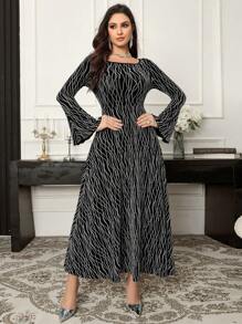 Modelyn Women's Elegant Long Dress, Square Neck, Bell Sleeves, Allover Print, Spring Autumn Long Evening Dresses - Black - View 3