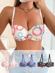 3pcs/Pack Women's Round Printed Comfortable Bra Set - Multicolor - View 1