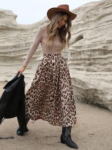 GENKIRA Elegant Leopard Print Maxi Knee-Length Flared Skirt, Loose-Fit & Flattering Design For Multi-Occasion Wear, Ladies Teacher Long Skirt - Multicolor - View 7