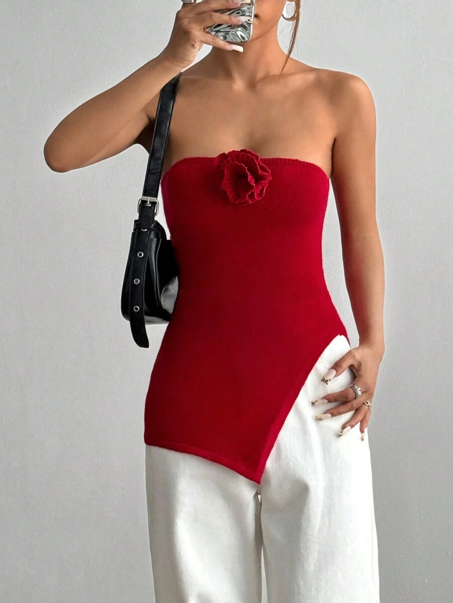 SHEIN Unity Women's Sexy Floral Decor Hem Slit Bandeau Knit Top