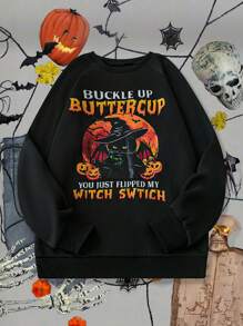 SHEIN LUNE Women's Casual Round Neck Loose Fit Long Sleeve Sweatshirt For Halloween Pullover Fall Sweatshirt - Black - View 1