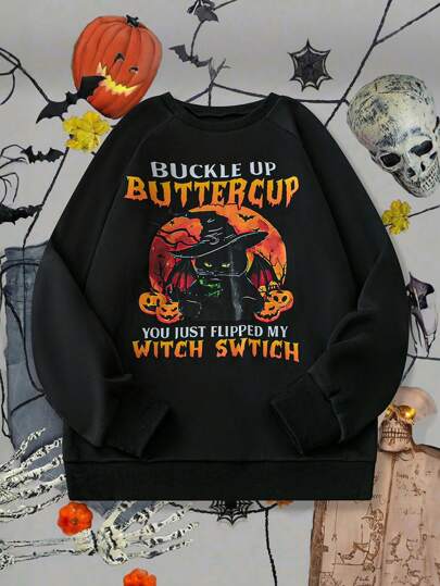 SHEIN LUNE Women's Casual Round Neck Loose Fit Long Sleeve Sweatshirt For Halloween Pullover Fall Sweatshirt