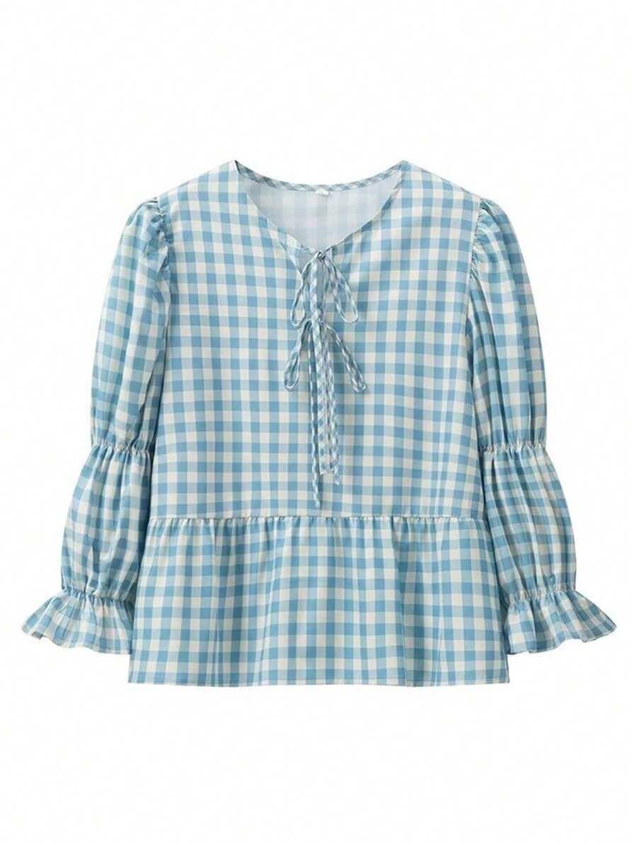 INAWLY Women's Spring/Fall Gingham Tie Front Puff Sleeve Oversized Cute Blouse - Multicolor - View 1