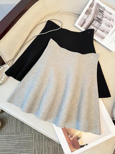 SHEIN Leap Crew Tween 女童休闲简约舒适纯色灰色和黑色弹性腰部针织 A 字裙 2 件套，买一送一 - 2 件/套