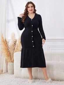 Modelyn Plus Size Women V-Neck Flowy Hem Sweater Dress
