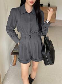 DAZY Bộ đồ nữ gồm áo dài tay và quần short dài tay màu trơn, dáng rộng, thích hợp mặc nhà vào mùa xuân/thu. - Màu xám đen - Xem 5