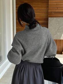 DAZY Áo len dài tay cổ cao, vai trễ, màu trơn, dáng rộng, thường ngày cho nữ, quần áo mùa thu - Xám - Xem 2