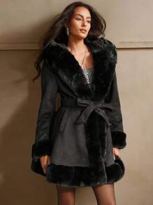 Anewsta Women's Thick Fluffy Trim Fluffy Fuzzy Banded Waist Jacket - Black - View 1