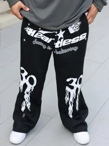 Manfinity LEGND Plus Size Men's Casual Sweatpants With Letter & Graphic Print And Pockets