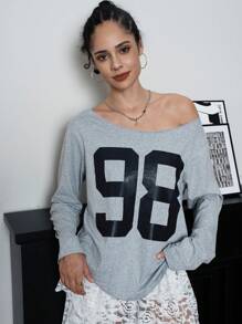 SHEIN EZwear Women's Casual Loose Fit Digital Print Long Sleeve T-Shirt, Spring & Summer